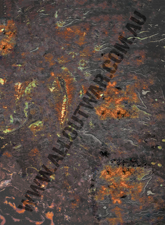 Death World alien tabletop battle mat showing cracked terrain with glowing green energy beneath surface for Warhammer 40K sci-fi wargaming
