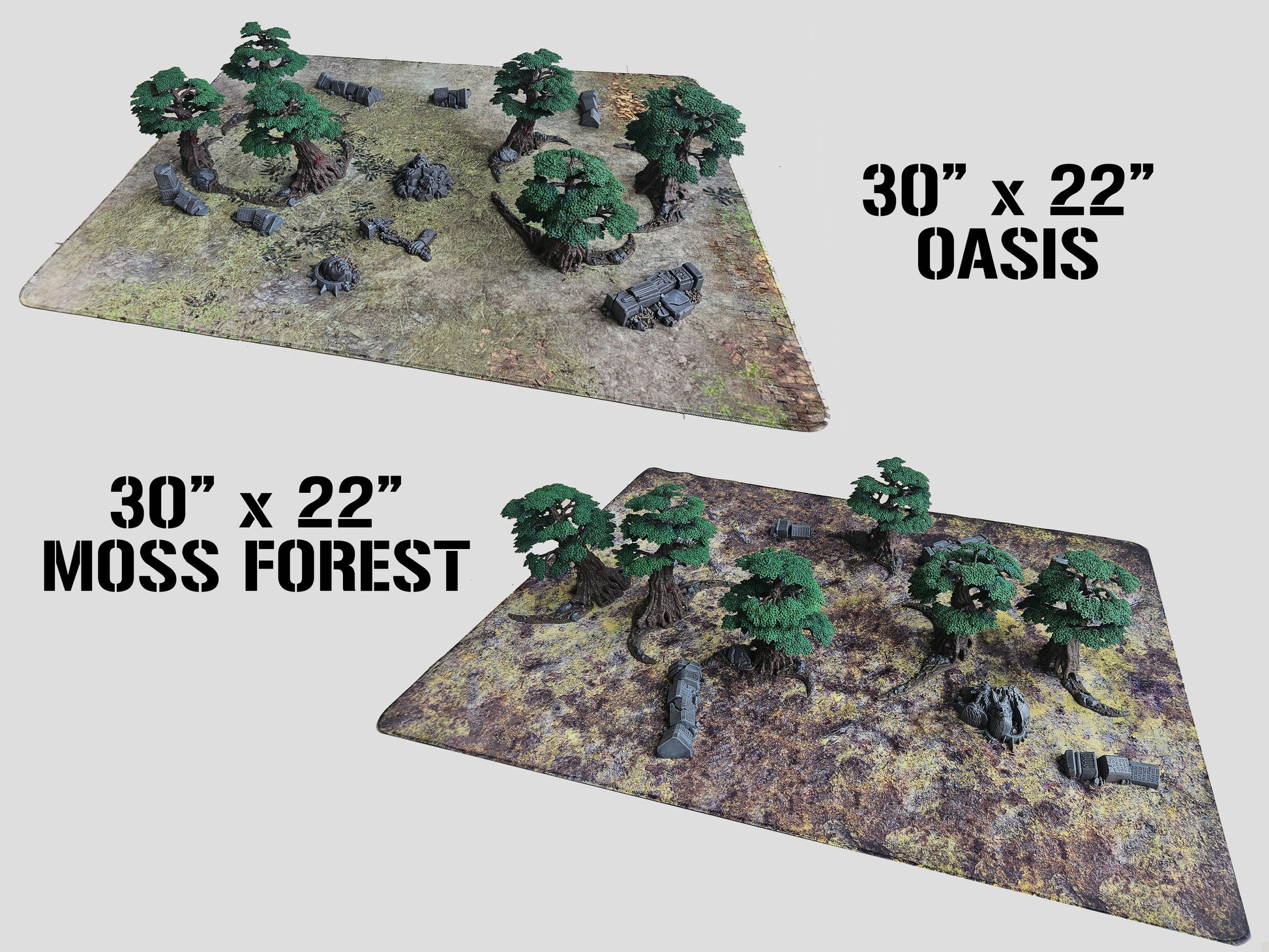 Miniature wargame battle on Moss Forest mat set in dense woodland terrain for tactical tabletop gameplay