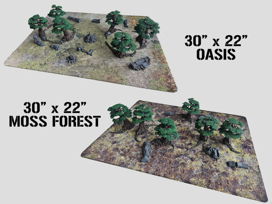 Miniature wargame battle on Moss Forest mat set in dense woodland terrain for tactical tabletop gameplay