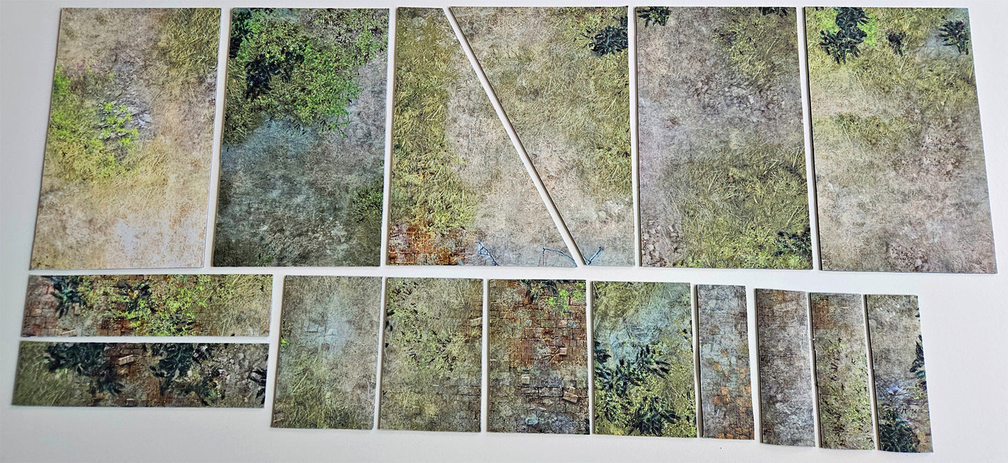 AllOutWar terrain layout templates shown in multiple mat designs including Oasis — design received will vary